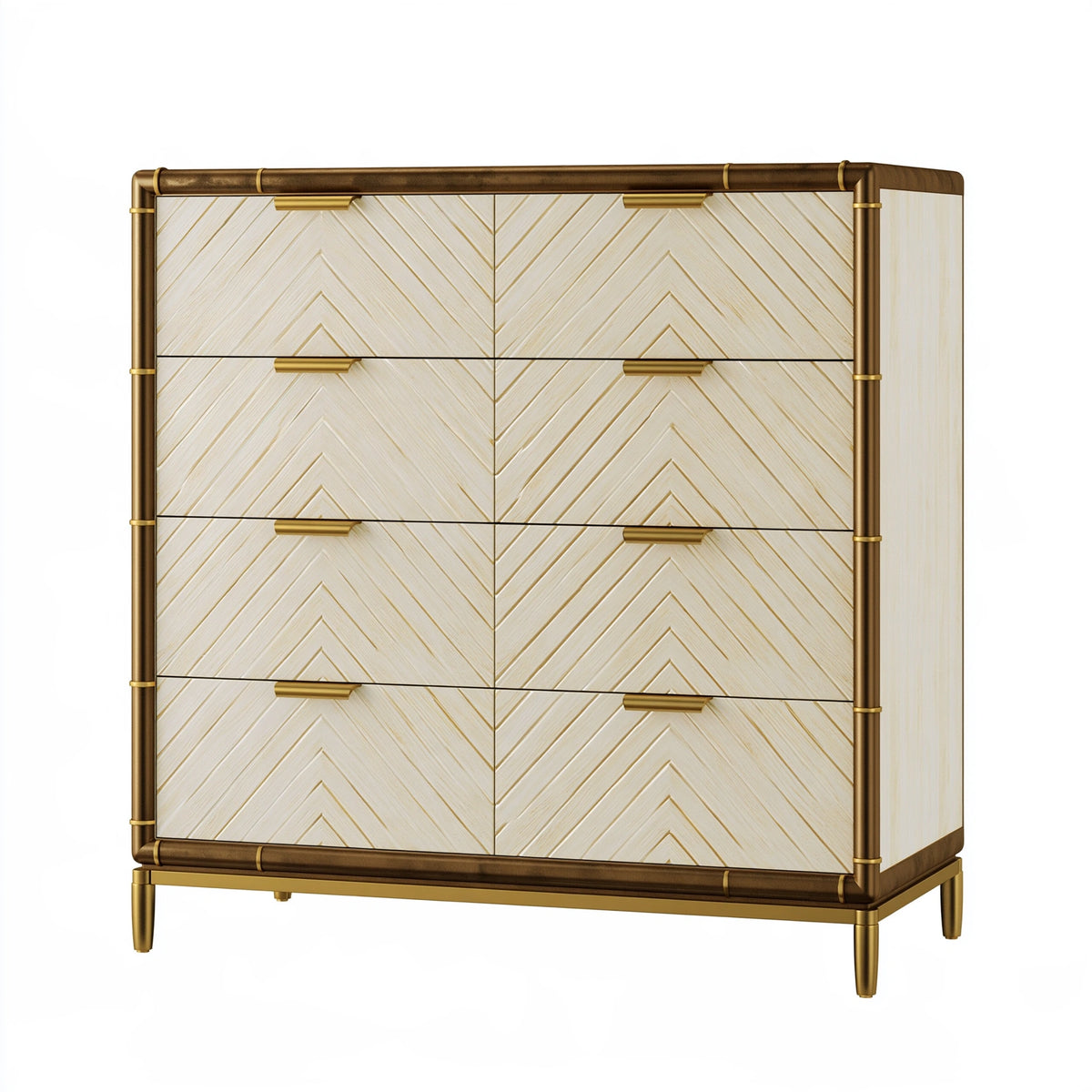 Cassettiera 120 x 45 x 150 cm in legno avorio e metallo ottone con 8 cassetti stile contemporaneo