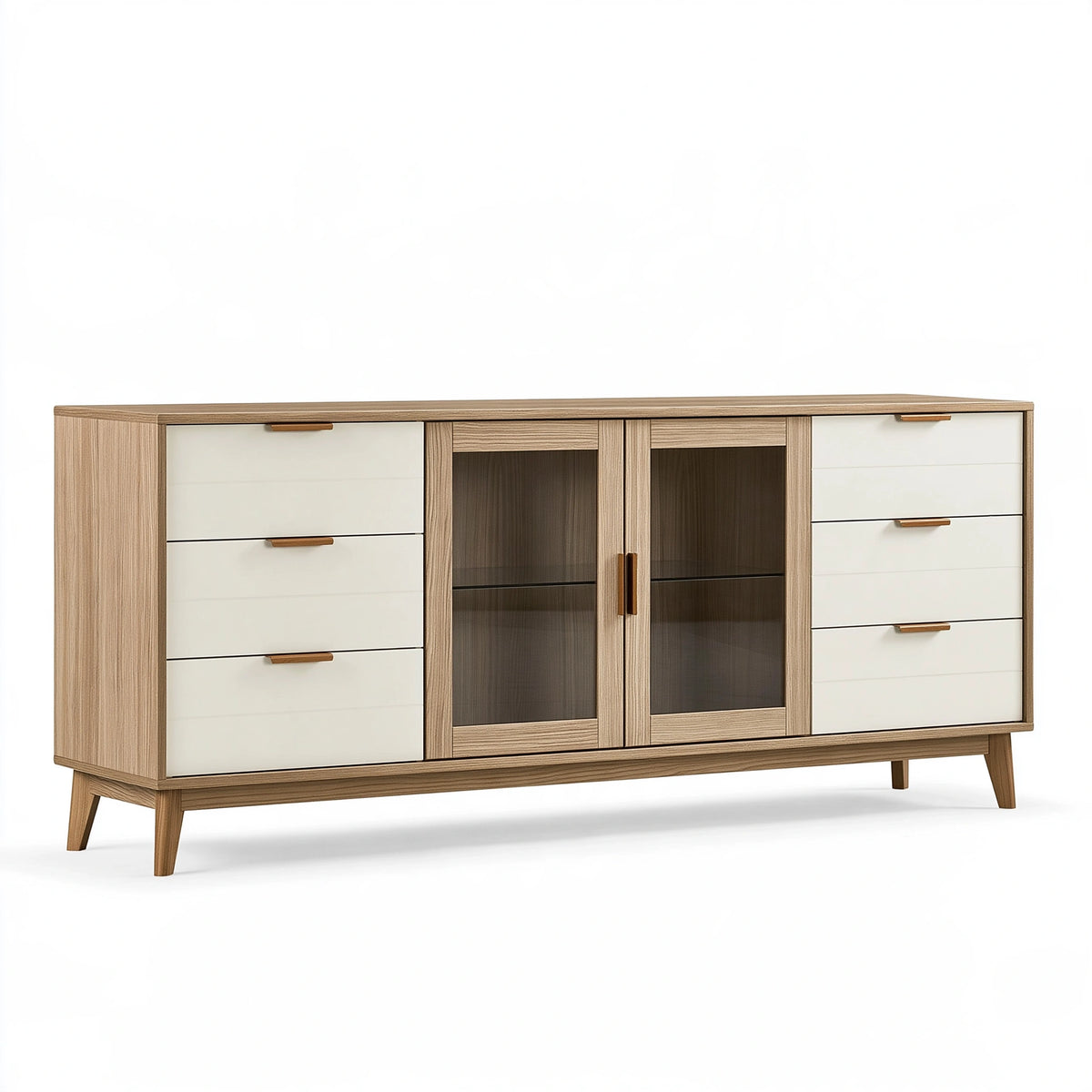 Credenza 180 x 40 x 90 cm effetto legno beige e bianco con vetro stile moderno