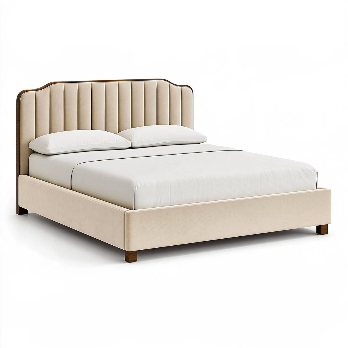 Letto matrimoniale 160 x 200 cm in tessuto beige con testiera imbottita a canali verticali