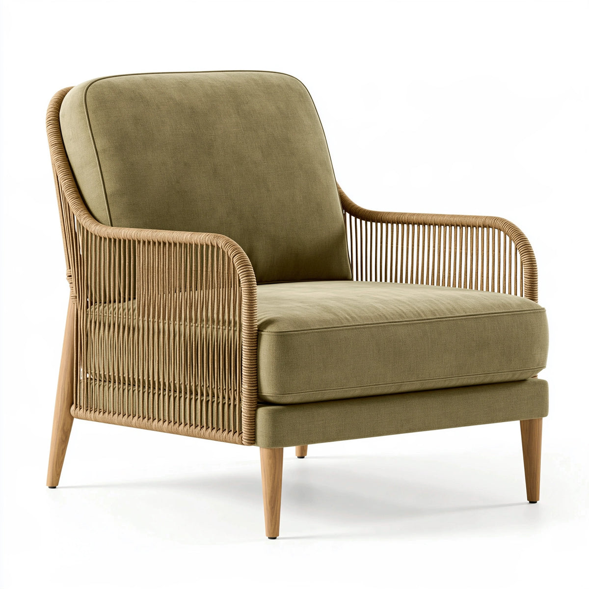 Poltrona 75 x 80 x 85 cm in tessuto verde e corda intrecciata stile naturale da soggiorno